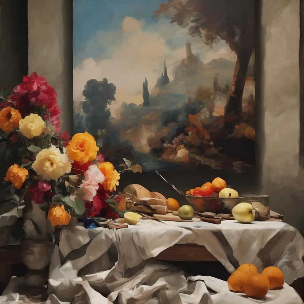 Ανθισμένα λουλούδια και φρούτα σε τραπέζι με πίνακα τοπίο στο βάθος.