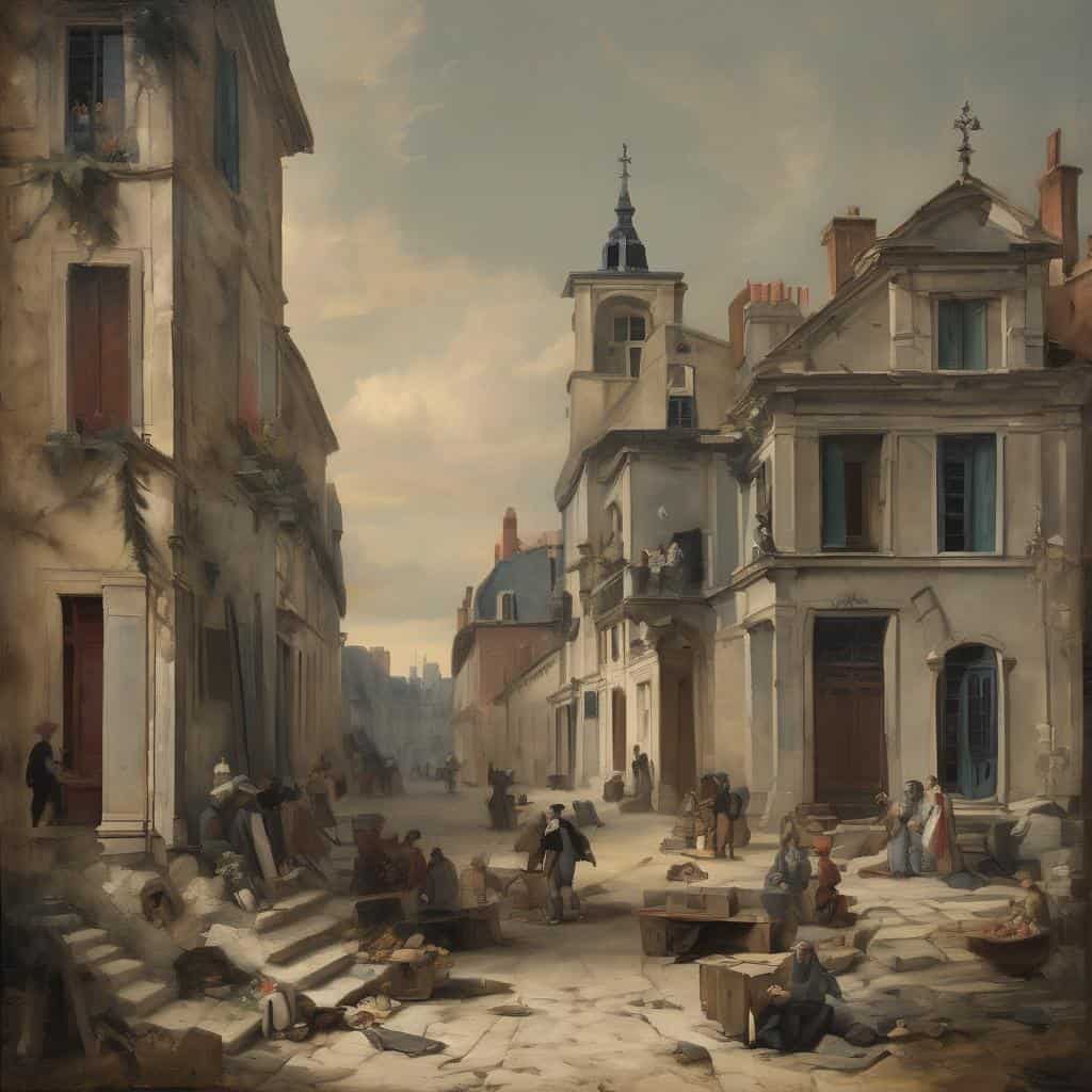 Ανθρώποι σε μια παλιά ευρωπαϊκή πόλη, με ιστορική αρχιτεκτονική και δραστηριότητες στην αγορά, σε ένα ζωγραφικό έργο που αναδεικνύει την τέχνη και την ιστορία της Ευρώπης.