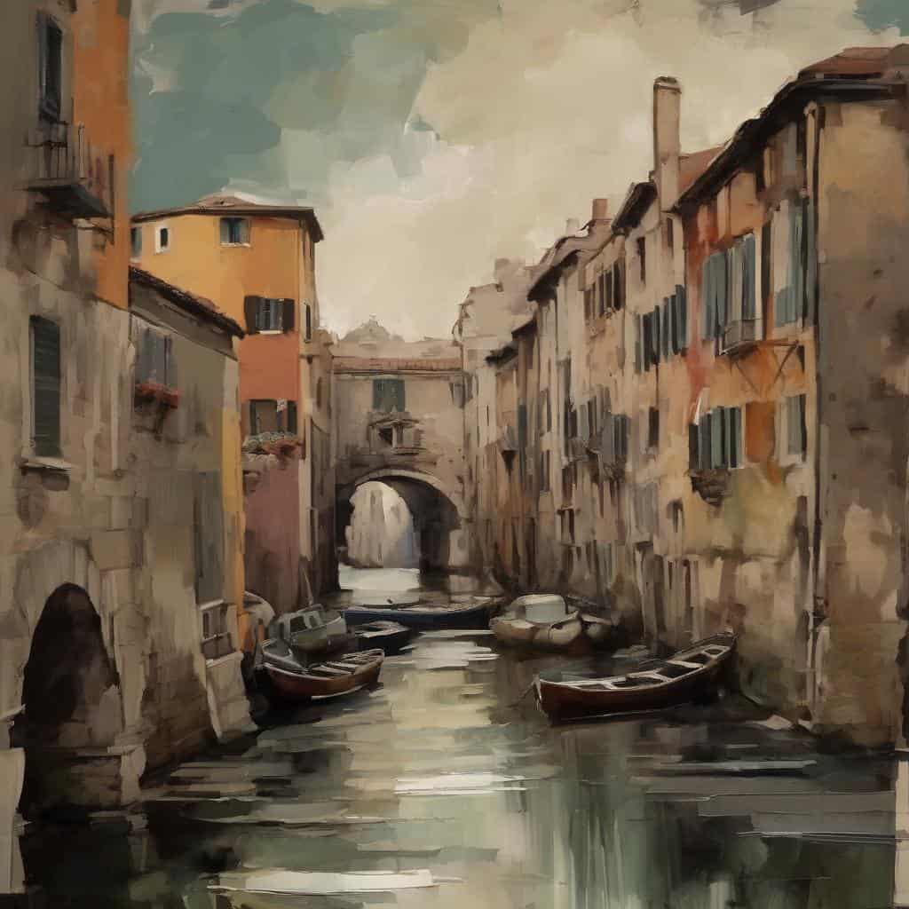 Έργο τέχνης που απεικονίζει μια γραφική ιστορική πόλη με κανάλι και παλιά κτίρια, δημιουργώντας μια ατμόσφαιρα παλιάς Ευρώπης.